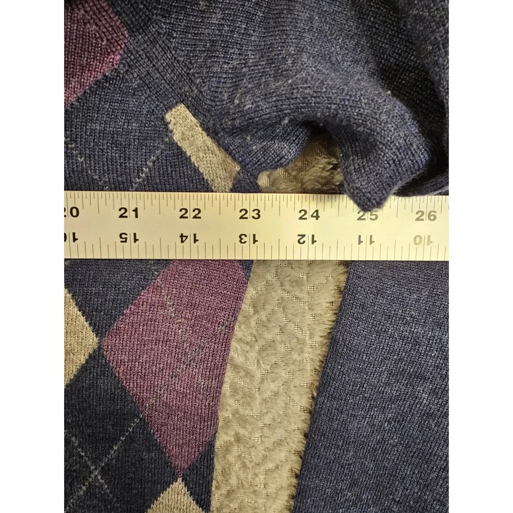 Banana Republic Mens L‎ Merino Wool Argyle V-Neck Sweater Navy Blue Purple Grey